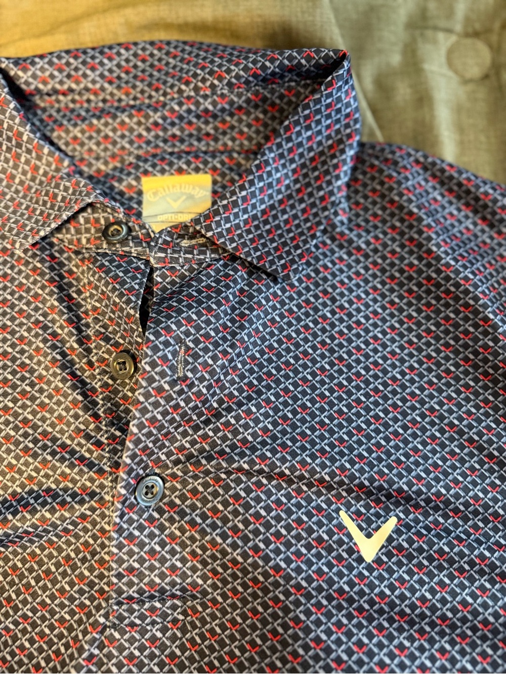 Callaway Men’s Navy Geometric Pattern Golf Polo with Red & Gray Accents